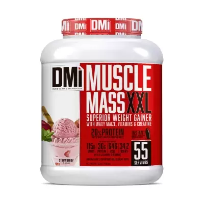 Frasco de suplemento alimentar DMI Muscle Mass XXL sabor morango.