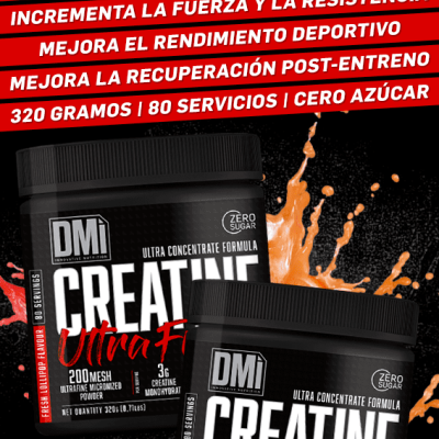 Dois frascos pretos de suplemento DMI Creatine Ultra Fresh com texto em espanhol sobre o produto