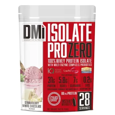 Embalagem de suplemento de proteína isolada DM ISOLATE PRO ZERO sabor morango e chocolate branco