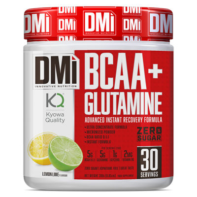 Frasco de suplemento DMi BCAA+ Glutamine sabor Lemon Lime