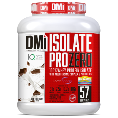 Suplemento proteico DMi Isolate Pro Zero sabor chocolate leite em embalagem branca e vermelha.