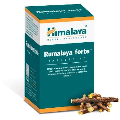 Caixa de comprimidos Rumalaya forte da Himalaya com raízes de planta