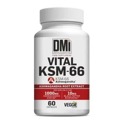 Frasco branco de suplemento alimentar Vital KSM-66 com rótulo branco, preto e vermelho