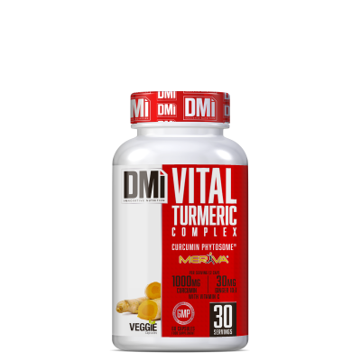 Frasco de suplemento Vital Turmeric Complex DMi com etiqueta vermelha e branca