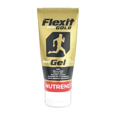Gel corporal Flexit Gold 100 ml com embalagem dourada, preta e vermelha da Nutrend
