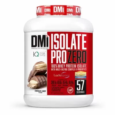 Produto suplemento DMi Isolate Pro Zero sabor chocolate em frasco branco e vermelho