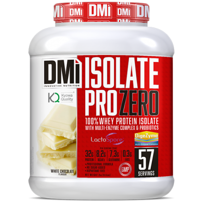 Frasco branco de suplemento DMI Isolate Pro Zero sabor chocolate branco