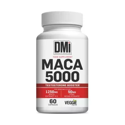 Frasco branco de suplemento alimentar MACA 5000 da marca DMi com etiqueta vermelha e preta