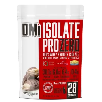 Embalagem de suplemento DMI ISOLATE PRO ZERO sabor Chocolate Candy com texto e valores nutricionais