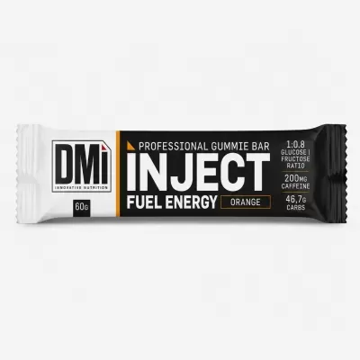 Barra alimentar DMi Inject Fuel Energy sabor laranja em embalagem preta e branca