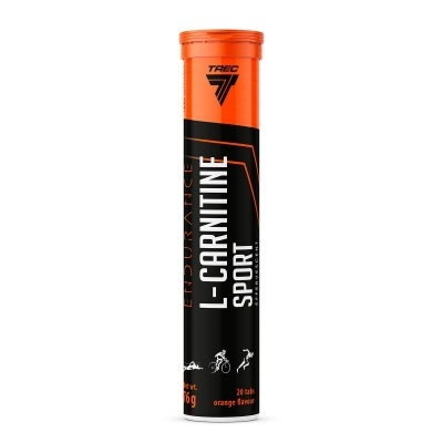 Frasco cilíndrico de suplemento L-Carnitine Sport com tampa laranja e rótulo preto e laranja.
