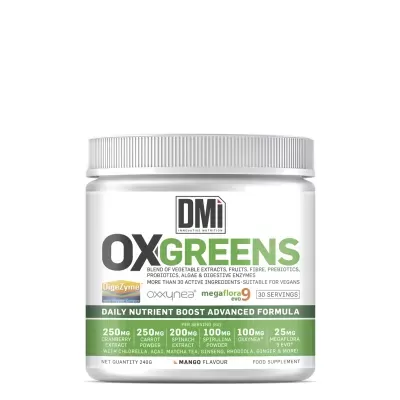 Frasco branco de suplemento alimentar OX GREENS com tampa prateada e rótulo verde e branco