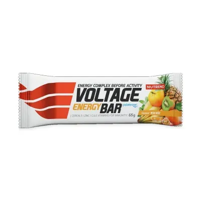 Barra energética Voltage Energy Bar sabor exotic em embalagem branca e vermelho com frutas tropicais