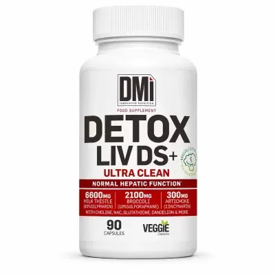 Frasco branco de suplemento detox com texto em preto e vermelho.