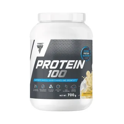 Frasco branco de suplemento com rótulo preto e azul de proteína sabor banana cremosa.