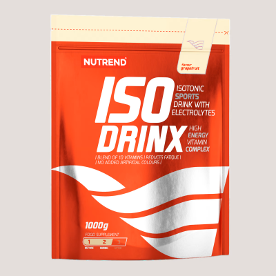 Embalagem vermelha e branca de suplemento alimentar Nutrend ISO DRINX