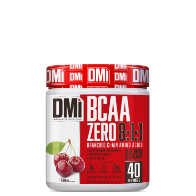 Pote branco com tampa vermelha e rótulo vermelho detalhando suplemento BCAA zero com sabor a cereja.