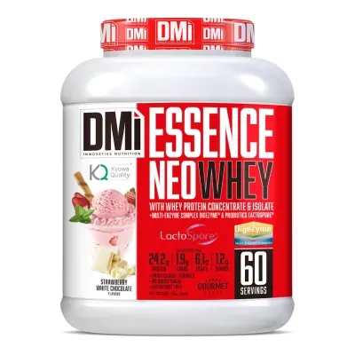 Frasco de suplemento DMI Essence Neo Whey sabor morango com chocolate branco