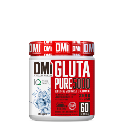 Recipiente branco de suplemento alimentar GLUTA PURE 5000 da DMI com rótulo vermelho e branco