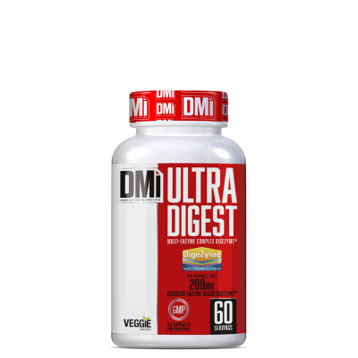 Frasco de suplemento Ultra Digest com rótulo vermelho e branco
