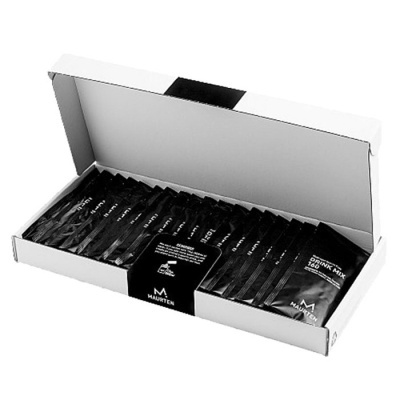 Caixa branca aberta com pacotes individuais pretos de Drink Mix 130 mg da Maurten