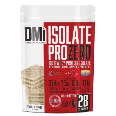 Embalagem branca e vermelha de suplemento alimentar DMi ISOLATE PRO ZERO sabor baunilha wafer