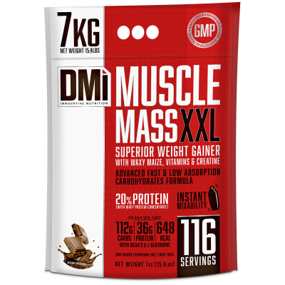 Saco de suplemento alimentar DMI Muscle Mass XXL vermelho e branco com texto informativo