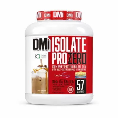 Suplemento proteico DMi Isolate Pro Zero, embalagem branca com tampa vermelha e rótulo vermelho