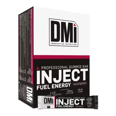 Barra energética profissional de goma DMi Inject Fuel Energy framboesa com embalagem branca, preta e vermelha