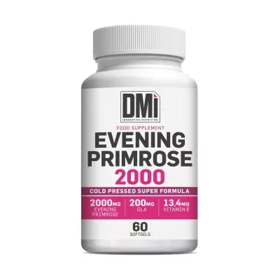 Frasco branco de suplemento alimentar Evening Primrose com rótulo e tampa