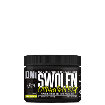 Frasco preto de suplemento SWOLLEN Ultimate NRG com texto branco e amarelo, 225g, sabor Fresh Lemon Lime.