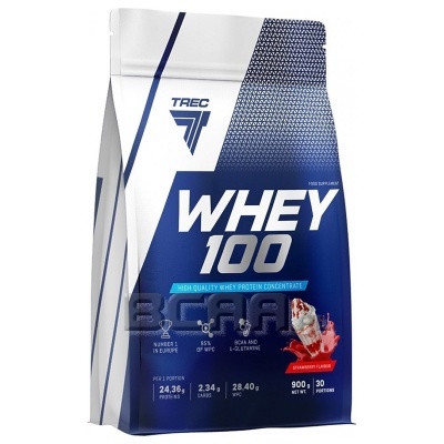 Saco de suplemento Whey 100 da Trec azul e branco, sabor morango, 900g