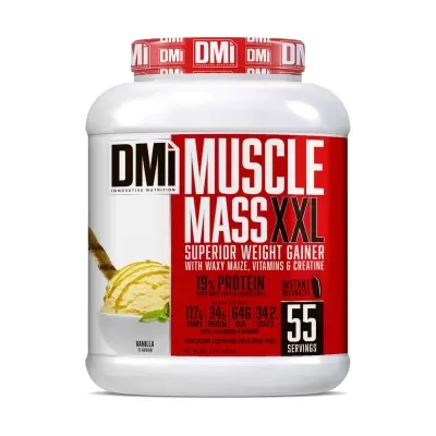 Suplemento alimentar DMi Muscle Mass XXL embalagem branca e vermelha com texto e imagem de sorvete de baunilha