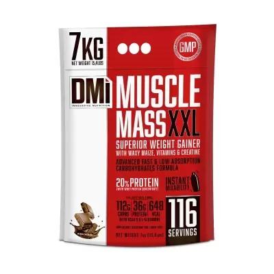 Saco de suplemento alimentar vermelho e branco DMi Muscle Mass XXL 7kg