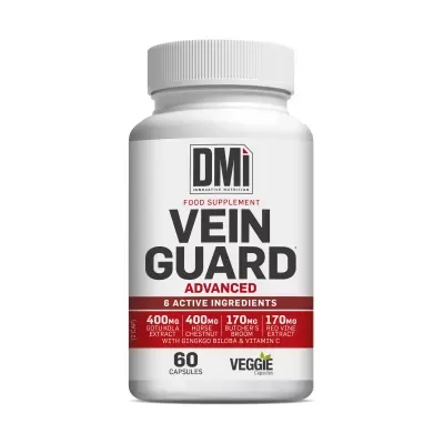 Frasco branco de suplemento alimentar DMi VEIN GUARD ADVANCED com texto e informações dos ingredientes ativos.