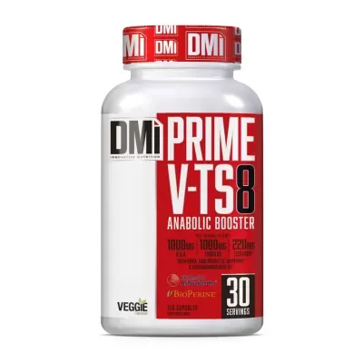 Frasco branco e vermelho de suplemento alimentar DMI PRIME V-TS 8, com texto em vermelho e branco.