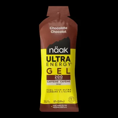 Gel energético de chocolate näak ULTRA ENERGY em embalagem castanha e amarela