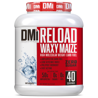 Suplemento DMi RELOAD WAXY MAIZE em recipiente branco com tampa vermelha e texto informativo em vermelho e branco