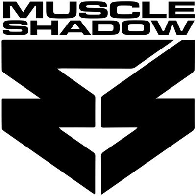 Símbolo em preto com texto MUSCLE SHADOW em topo