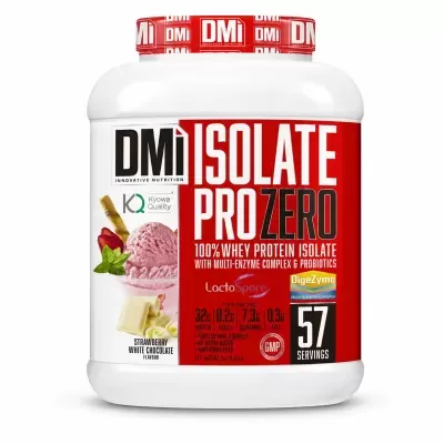 Recipiente branco de suplemento com rótulo vermelho DMI Isolate Pro Zero sabor morango e chocolate branco.