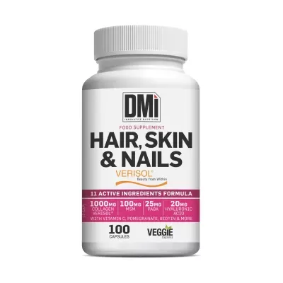 Frasco branco de suplemento alimentar DMi Hair, Skin & Nails Verisol