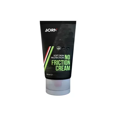 Tubo preto de creme No Friction Cream com texto e imagem de ciclistas