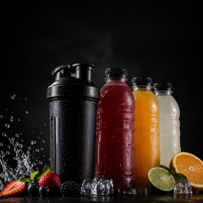 Shaker preto e três garrafas coloridas com bebidas rodeadas de frutas e gelo