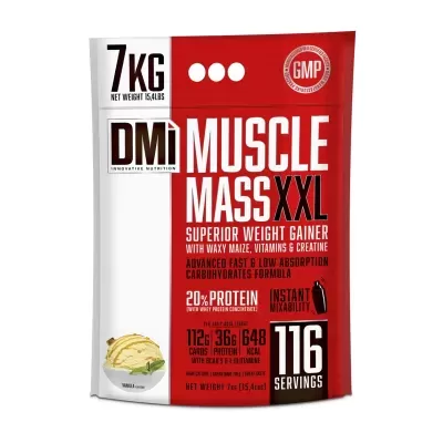 Saco vermelho e branco de suplemento Muscle Mass XXL 7kg da DMI com informações nutricionais e sabor baunilha