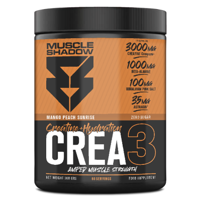 Embala de suplemento Muscle Shadow CREA3 laranja e preta com texto informativo
