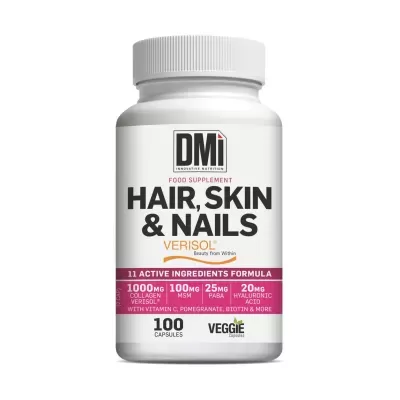Frasco branco de suplemento alimentar DMi Hair, Skin & Nails com rótulo detalhado