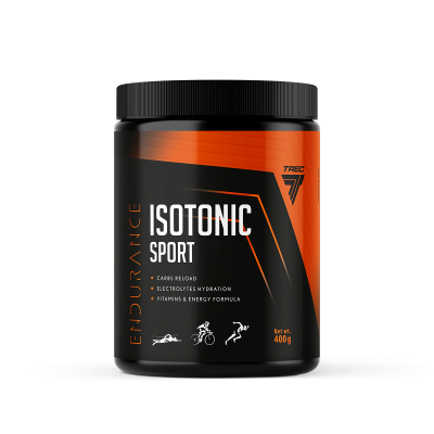Frasco preto de suplemento em pó Isotonic Sport com rótulo preto e laranja