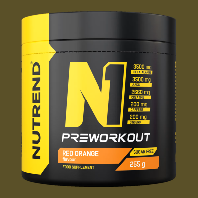 Frasco preto e amarelo de suplemento pretreino NUTREND N1 sabor Red Orange