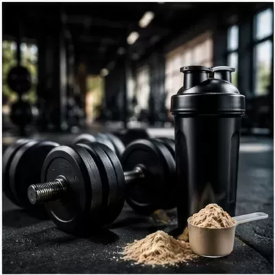 Shaker proteico preto com halteres e pó de suplemento no ginásio