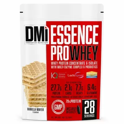 Embalagem de suplemento DM Essence Pro Whey sabor vanilla wafer com informações nutricionais e imagem de bolachas wafer